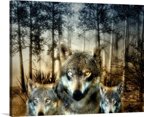 “Wolves” by Maude Scrivener beckons you into an enigmatic forest—a world where silence speaks louder than words. Three majestic wolves, their fur meticulously detailed, command attention against mist-shrouded woods. Their eyes, hauntingly beautiful, hold secrets as ancient as the moon. 