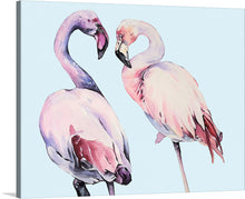  This exquisite print, featuring a pair of flamingos rendered in a watercolor style, is a must-have for any art enthusiast. The soft, dreamy hues of pink, purple, red, and blue bring the flamingos to life, while the light blue backdrop adds a serene touch.