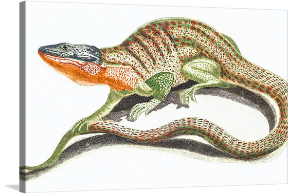 This print is a mesmerizing blend of scientific accuracy and artistic mastery, capturing the vibrant colors and intricate details of a unique reptilian creature. The creature, a fascinating mix between a lizard and a snake, is depicted with meticulous precision, its elongated body covered in scales with patterns combining green and red-orange spots. The head, detailed to show individual scales and textures, is a striking blueish-grey with a bright orange neck.