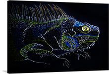  This premium print, titled “Untamed Elegance,” invites you to dive into the enigmatic world of reptiles. It features a meticulously detailed iguana, rendered with exquisite precision against a stark black backdrop. The vibrant greens and blues dance across the canvas, illuminating the creature’s intricate scales and intense gaze. 