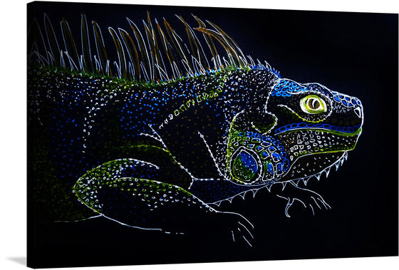 This premium print, titled “Untamed Elegance,” invites you to dive into the enigmatic world of reptiles. It features a meticulously detailed iguana, rendered with exquisite precision against a stark black backdrop. The vibrant greens and blues dance across the canvas, illuminating the creature’s intricate scales and intense gaze. 