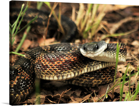 This stunning close-up photograph of a chicken snake's head captures the beauty and mystery of these fascinating creatures. The snake's scales are iridescent, shimmering in the light, and its eyes are bright and intelligent.