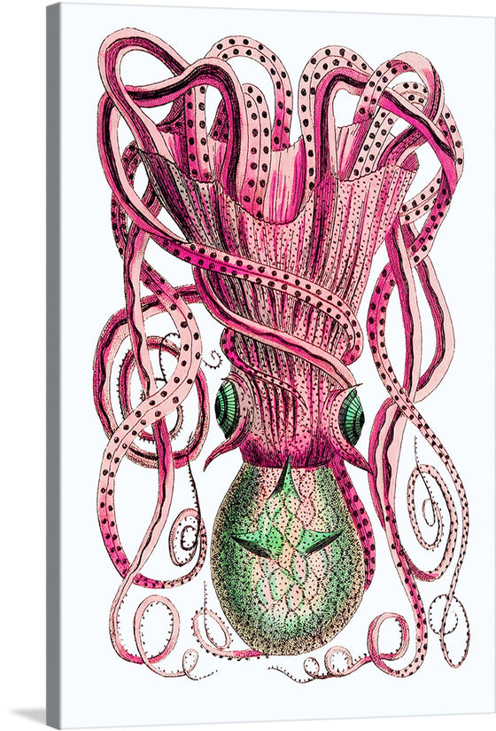 Dive into the mesmerizing depths of the ocean with this exquisite print, capturing the enigmatic allure of a vibrant squid. Every tentacle dances with life, adorned in intricate patterns and a symphony of pinks that cascade into the depths of intricate detail. The creature’s eyes, profound and mysterious, invite viewers into a world where nature’s artistry knows no bounds. 