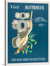 This vibrant and eye-catching "Australia Retro Travel Poster" print is a perfect addition to any home décor for anyone who loves Australia, travel, or vintage art. The poster features two koalas set against a backdrop of the Sydney Harbour Bridge and the Sydney Opera House.