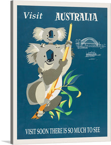  This vibrant and eye-catching "Australia Retro Travel Poster" print is a perfect addition to any home décor for anyone who loves Australia, travel, or vintage art. The poster features two koalas set against a backdrop of the Sydney Harbour Bridge and the Sydney Opera House.