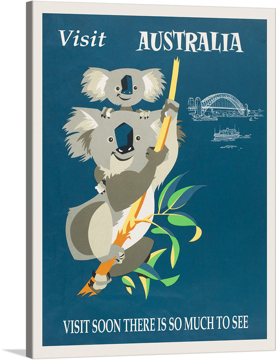 This vibrant and eye-catching "Australia Retro Travel Poster" print is a perfect addition to any home décor for anyone who loves Australia, travel, or vintage art. The poster features two koalas set against a backdrop of the Sydney Harbour Bridge and the Sydney Opera House.