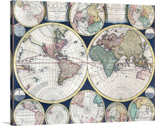  “1696 Maps Of The World” by Carel Allard invites you into a timeless world of cartographic wonder. This exquisite print, a reproduction of Allard’s masterpiece, unveils the globe as it was understood in the late 17th century. 