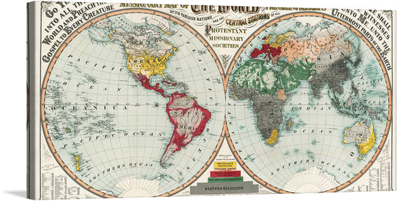 Immerse yourself in the intricate details and vibrant colors of this exquisite print, a reproduction of a historical map that once guided the journeys of Protestant missionaries around the globe. Each country is meticulously delineated and colored, offering not just a geographical representation but also an artistic masterpiece. 