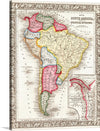 This exquisite print of an antique map of South America is a testament to the continent’s diverse culture and geography. Each country is outlined in vibrant hues, inviting you on a journey through South America’s storied past. The ornate border, reminiscent of a time when cartography was as much an art as it was a science, adds an element of timeless elegance. 