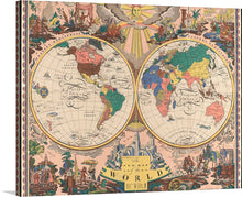  This exquisite artwork, available as a print, transports viewers to an era where the allure of exploration and discovery was at its peak. The piece features two ornate globes showcasing the Western and Eastern hemispheres, surrounded by intricate illustrations that breathe life into the continents and oceans. Every detail, from the meticulously drawn borders to the vibrant colors distinguishing each country, is a testament to the artist’s skill and devotion.