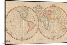  This old Chinese world map is a fascinating and beautiful work of art. The map is divided into two halves, with the eastern hemisphere on the left and the western hemisphere on the right. The map is full of intricate details, including mountains, river, and cities.