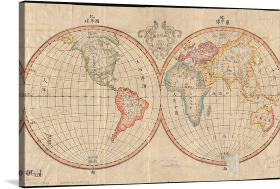 This old Chinese world map is a fascinating and beautiful work of art. The map is divided into two halves, with the eastern hemisphere on the left and the western hemisphere on the right. The map is full of intricate details, including mountains, river, and cities.