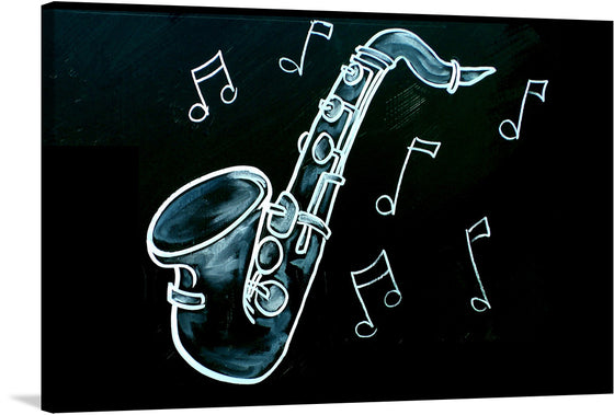 Add a touch of musical charm to your home with this captivating print of a saxophone and music notes on a blackboard. The contrast of the blackboard and the white notes creates a striking visual effect that will draw the eye and spark conversation. This print is perfect for music enthusiasts, jazz lovers, or anyone who appreciates the beauty of musical instruments.