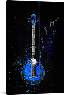  Immerse yourself in the soul-stirring “Guitar, Music, Strings, Melody” artwork. This exquisite print captures the ethereal beauty of a guitar amidst a cosmic backdrop of blue splatters and stars, symbolizing the boundless universe of music. 