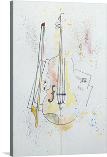  Immerse yourself in the harmonious blend of art and music with this exquisite print. The artwork captures the soul-stirring elegance of a violin, paired with a bow and sheet music, evoking the timeless dance of melody and harmony. Each stroke is infused with passion, and splashes of color breathe life into the composition, making it a visual symphony. 