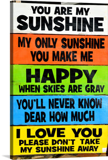  “Sign With Song Lyrics” is a vibrant and heartwarming artwork that radiates positivity and warmth. The lyrics to the cherished song “You Are My Sunshine” are elegantly presented on a distinct, brightly colored background, creating a visual symphony of hues. Each line of text is on a different stripe, with colors ranging from white to red, orange, green, blue, and yellow. 