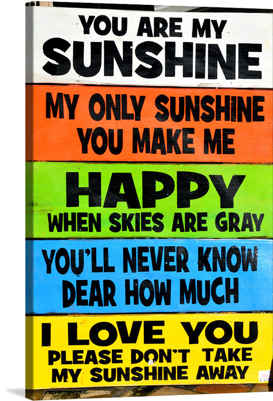 “Sign With Song Lyrics” is a vibrant and heartwarming artwork that radiates positivity and warmth. The lyrics to the cherished song “You Are My Sunshine” are elegantly presented on a distinct, brightly colored background, creating a visual symphony of hues. Each line of text is on a different stripe, with colors ranging from white to red, orange, green, blue, and yellow. 