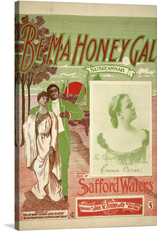 This vintage print is a captivating piece of art that transports you to a bygone era. The poster, an alluring advertisement, beckons with the promise of romance. Against a backdrop of trees and a meandering river, a woman in a flowing dress and a dapper man in a suit share an intimate moment. The song, titled “Be my honey gal,” lingers in the air, evoking nostalgia and longing. 