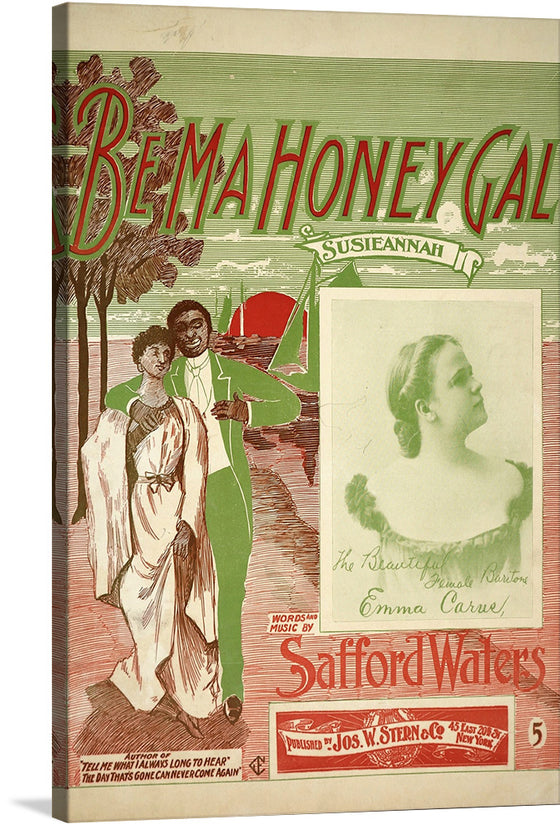 This vintage print is a captivating piece of art that transports you to a bygone era. The poster, an alluring advertisement, beckons with the promise of romance. Against a backdrop of trees and a meandering river, a woman in a flowing dress and a dapper man in a suit share an intimate moment. The song, titled “Be my honey gal,” lingers in the air, evoking nostalgia and longing. 