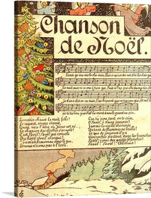  The print features a beautiful illustration of a Christmas tree and a snowy landscape, with the lyrics of a French Christmas song written in a whimsical font. 