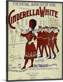  This vintage illustration print of “Cinderella White” is a must-have for music and art lovers alike. The print features a colorful military parade with a band leader in a red uniform and a group of soldiers in blue. The artwork is a perfect addition to any collection and is sure to add a touch of whimsy and nostalgia to any space. 