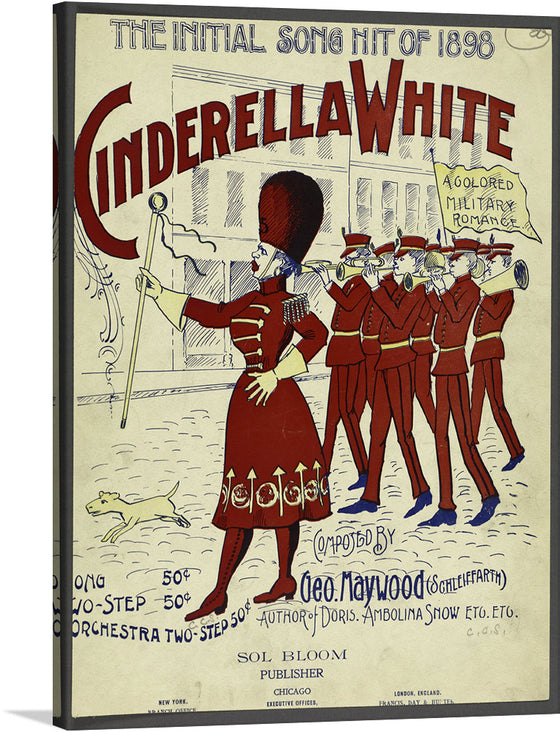 This vintage illustration print of “Cinderella White” is a must-have for music and art lovers alike. The print features a colorful military parade with a band leader in a red uniform and a group of soldiers in blue. The artwork is a perfect addition to any collection and is sure to add a touch of whimsy and nostalgia to any space. 