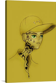  “Rapper” is a captivating artwork that captures the essence of street culture. The piece features a stylized drawing of a person wearing a cap, with green eyes that stand out against the monochromatic theme. Tattoos are visible on their face and neck, including stars, mathematical equations like “1+1”, words like “Baby”, and “RIP” accompanied by flowing designs.
