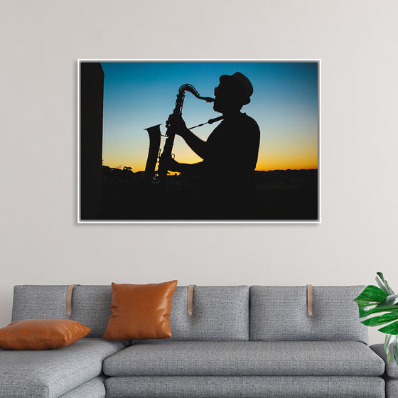 "Silhouette of a Man Playing Saxophone during Sunset", Victor Freitas