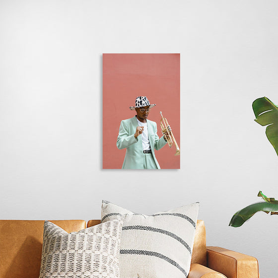 "Man in Teal Suit Holding Trumpet"