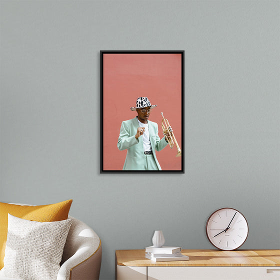 "Man in Teal Suit Holding Trumpet"