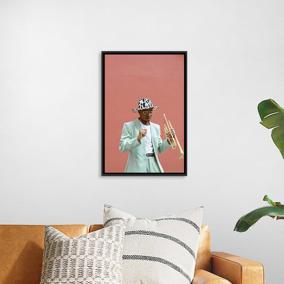 "Man in Teal Suit Holding Trumpet"