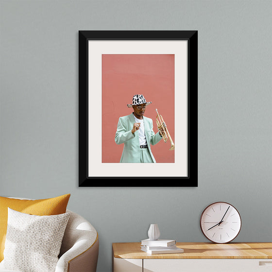 "Man in Teal Suit Holding Trumpet"