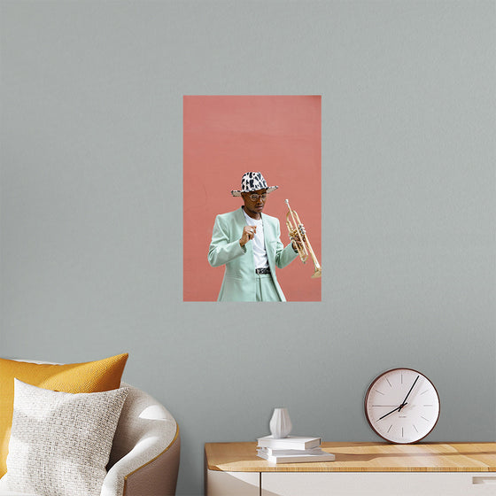 "Man in Teal Suit Holding Trumpet"