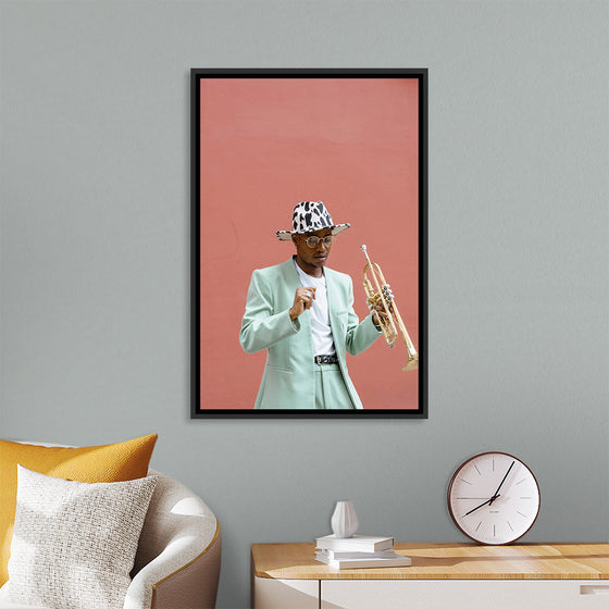 "Man in Teal Suit Holding Trumpet"