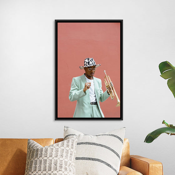 "Man in Teal Suit Holding Trumpet"