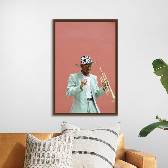 "Man in Teal Suit Holding Trumpet"