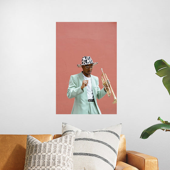 "Man in Teal Suit Holding Trumpet"