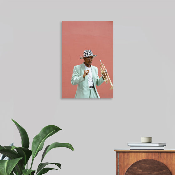 "Man in Teal Suit Holding Trumpet"