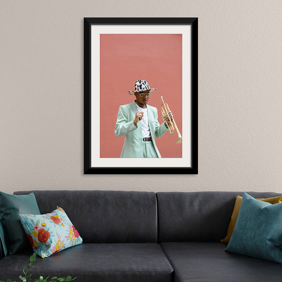 "Man in Teal Suit Holding Trumpet"