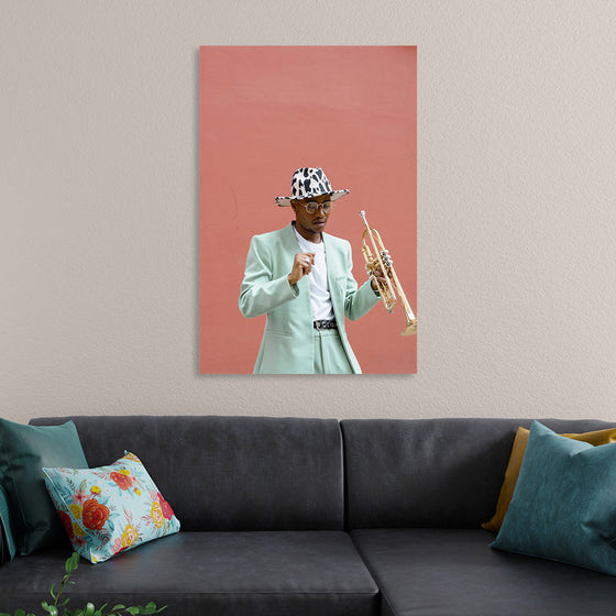 "Man in Teal Suit Holding Trumpet"