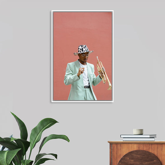 "Man in Teal Suit Holding Trumpet"