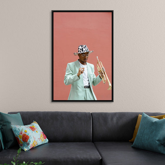 "Man in Teal Suit Holding Trumpet"