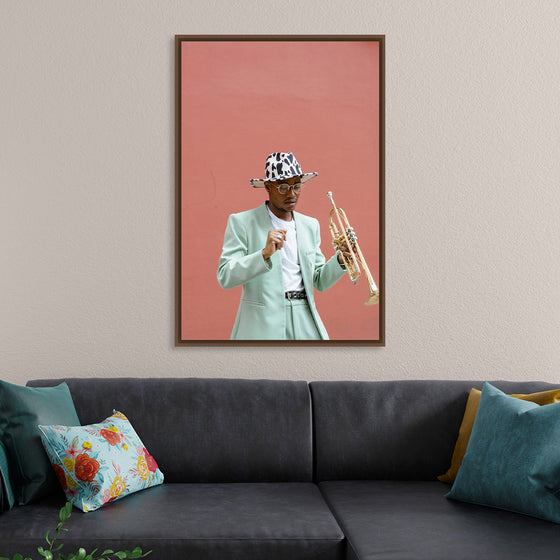 "Man in Teal Suit Holding Trumpet"