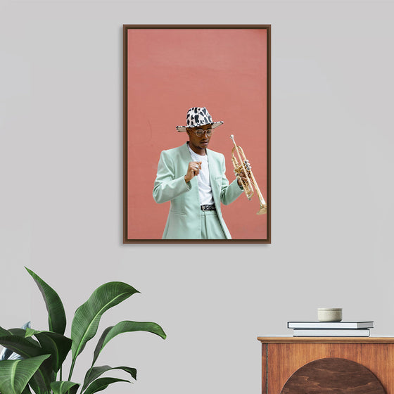 "Man in Teal Suit Holding Trumpet"