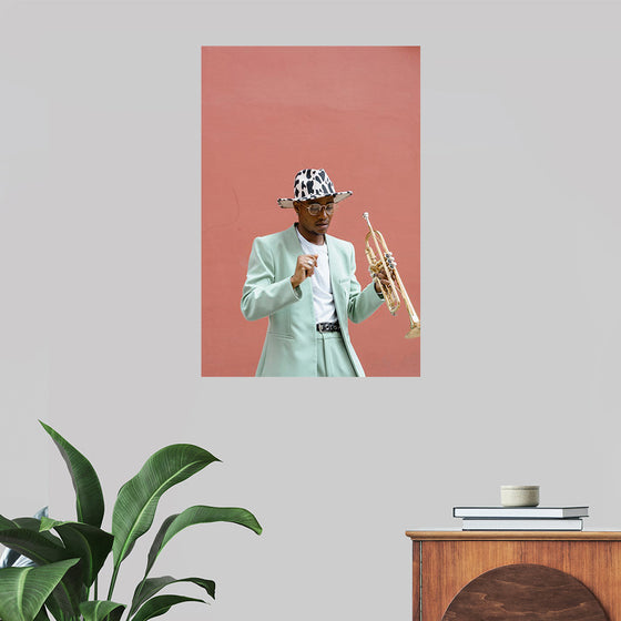 "Man in Teal Suit Holding Trumpet"