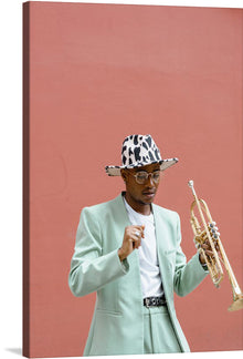  Immerse yourself in the rhythmic allure of this exclusive print, where music and visual art converge. A figure, their identity concealed for an air of mystery, is adorned in a mint green suit that exudes elegance and style. With a trumpet in hand and a uniquely patterned hat resting atop their head, they are the epitome of musical grace against a backdrop of warm coral hue.