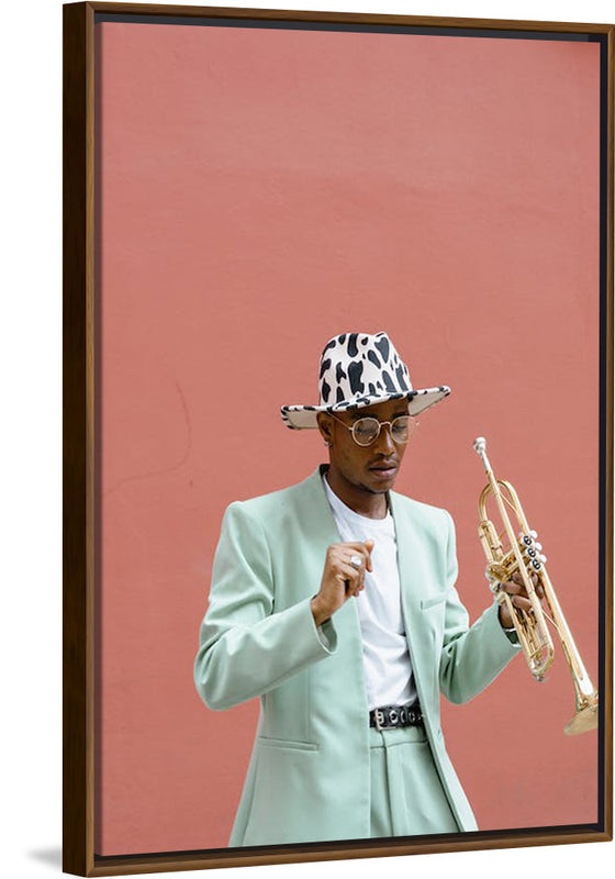 "Man in Teal Suit Holding Trumpet"