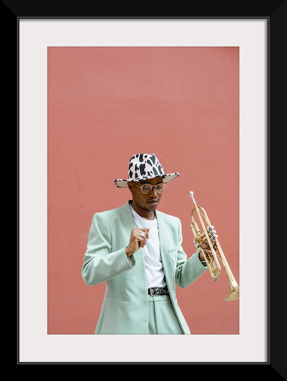 "Man in Teal Suit Holding Trumpet"