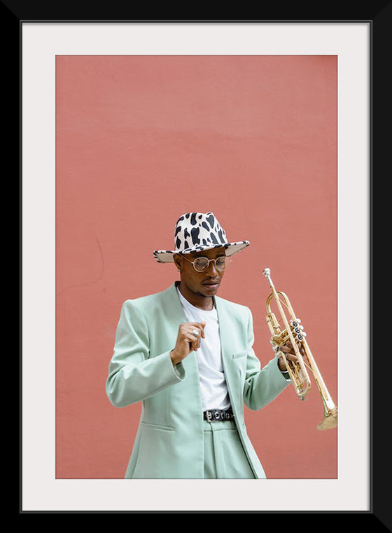 "Man in Teal Suit Holding Trumpet"