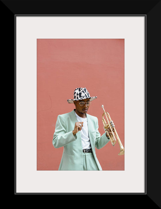 "Man in Teal Suit Holding Trumpet"